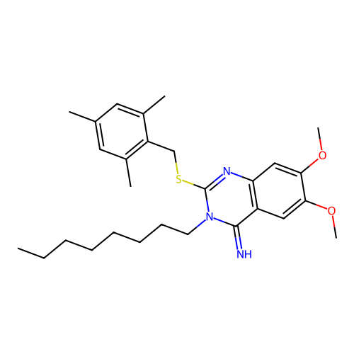 2-[(mesitylmethyl)sulfanyl]-6,7-dimethoxy-3-octyl-4(3H)-quinazolinimine structure
