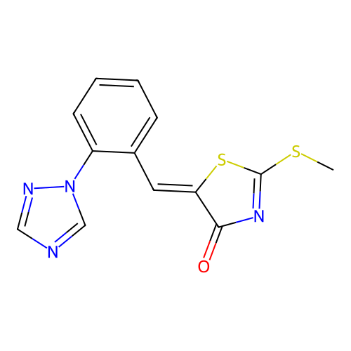 2-Methylsulfanyl-5-[[2-(1,2,4-triazol-1-yl)phenyl]methylidene]-1,3-thiazol-4-one structure