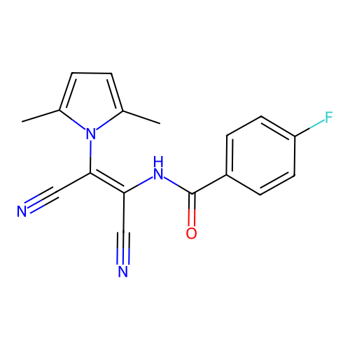 N-[(E)-1,2-dicyano-2-(2,5-dimethyl-1H-pyrrol-1-yl)ethenyl]-4-fluorobenzenecarboxamide structure