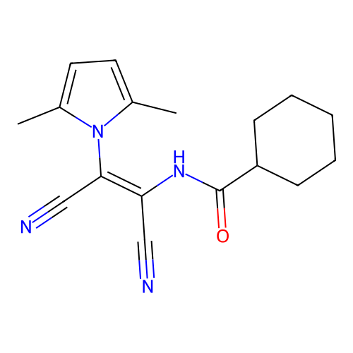 N-[(Z)-1,2-dicyano-2-(2,5-dimethyl-1H-pyrrol-1-yl)ethenyl]cyclohexanecarboxamide structure