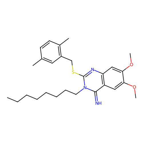2-[(2,5-dimethylbenzyl)sulfanyl]-6,7-dimethoxy-3-octyl-4(3H)-quinazolinimine structure