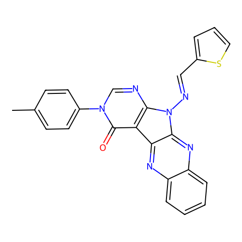(E)-11-((thiophen-2-ylmethylene)amino)-3-(p-tolyl)-3H-pyrimido[5',4':4,5]pyrrolo[2,3-b]quinoxalin-4(11H)-one structure