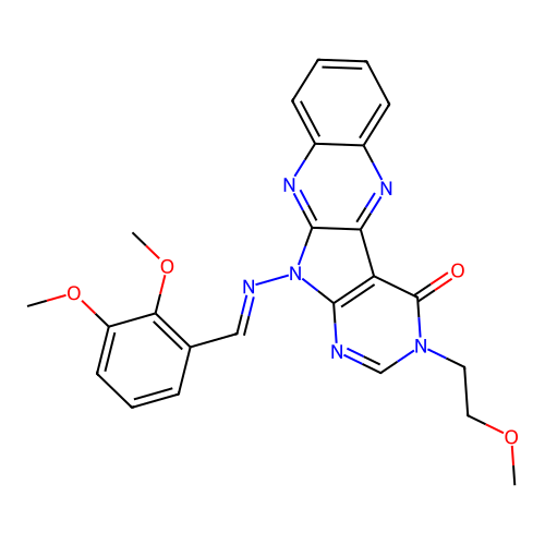 (E)-11-((2,3-dimethoxybenzylidene)amino)-3-(2-methoxyethyl)-3H-pyrimido[5',4':4,5]pyrrolo[2,3-b]quinoxalin-4(11H)-one structure