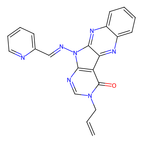 (E)-3-allyl-11-((pyridin-2-ylmethylene)amino)-3H-pyrimido[5',4':4,5]pyrrolo[2,3-b]quinoxalin-4(11H)-one structure