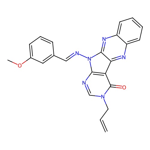 (E)-3-allyl-11-((3-methoxybenzylidene)amino)-3H-pyrimido[5',4':4,5]pyrrolo[2,3-b]quinoxalin-4(11H)-one structure