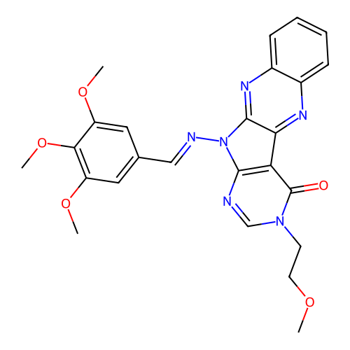 (E)-3-(2-methoxyethyl)-11-((3,4,5-trimethoxybenzylidene)amino)-3H-pyrimido[5',4':4,5]pyrrolo[2,3-b]quinoxalin-4(11H)-one structure