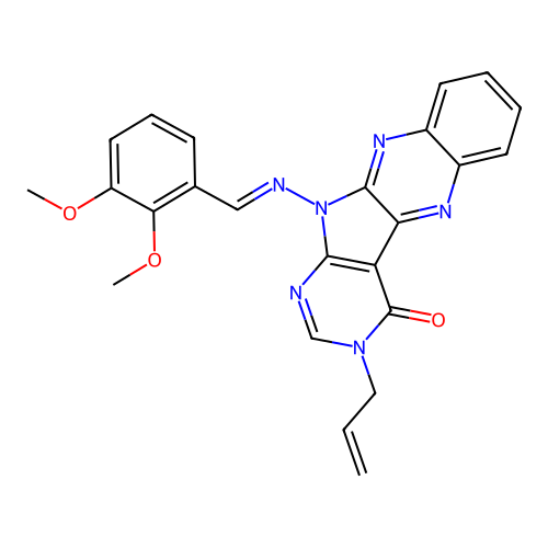 (E)-3-allyl-11-((2,3-dimethoxybenzylidene)amino)-3H-pyrimido[5',4':4,5]pyrrolo[2,3-b]quinoxalin-4(11H)-one structure