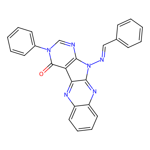(E)-11-(benzylideneamino)-3-phenyl-3H-pyrimido[5',4':4,5]pyrrolo[2,3-b]quinoxalin-4(11H)-one structure