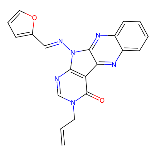 (E)-3-allyl-11-((furan-2-ylmethylene)amino)-3H-pyrimido[5',4':4,5]pyrrolo[2,3-b]quinoxalin-4(11H)-one structure