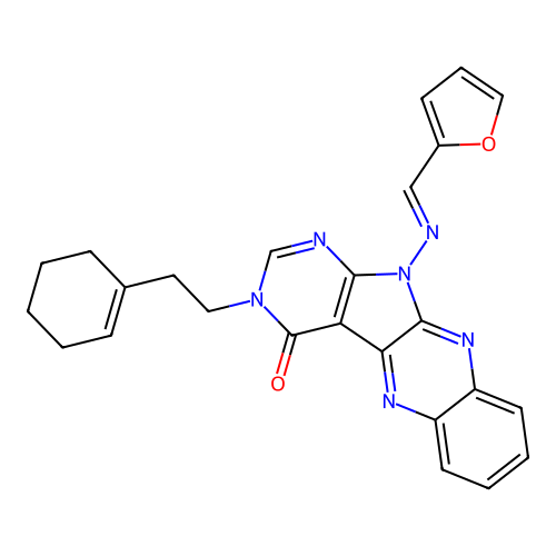 (E)-3-(2-(cyclohex-1-en-1-yl)ethyl)-11-((furan-2-ylmethylene)amino)-3H-pyrimido[5',4':4,5]pyrrolo[2,3-b]quinoxalin-4(11H)-one structure