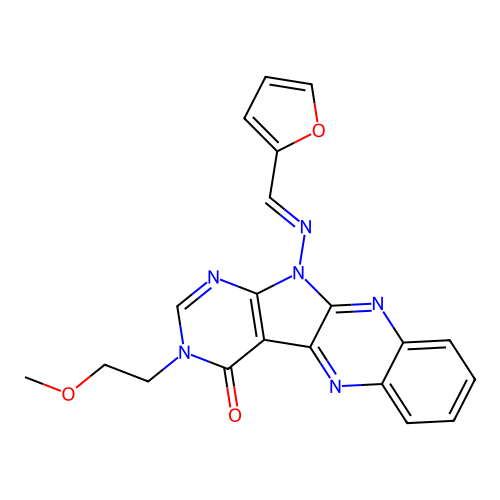 (E)-11-((furan-2-ylmethylene)amino)-3-(2-methoxyethyl)-3H-pyrimido[5',4':4,5]pyrrolo[2,3-b]quinoxalin-4(11H)-one structure
