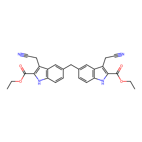 diethyl 5,5'-methylenebis(3-(cyanomethyl)-1H-indole-2-carboxylate) structure