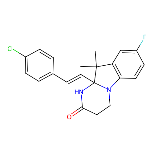 (E)-10a-(4-chlorostyryl)-8-fluoro-10,10-dimethyl-3,4,10,10a-tetrahydropyrimido[1,2-a]indol-2(1H)-one structure