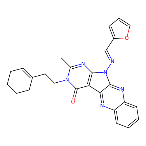 (E)-3-(2-(cyclohex-1-en-1-yl)ethyl)-11-((furan-2-ylmethylene)amino)-2-methyl-3H-pyrimido[5',4':4,5]pyrrolo[2,3-b]quinoxalin-4(11H)-one structure