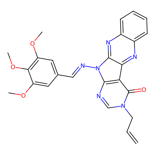 (E)-3-allyl-11-((3,4,5-trimethoxybenzylidene)amino)-3H-pyrimido[5',4':4,5]pyrrolo[2,3-b]quinoxalin-4(11H)-one structure