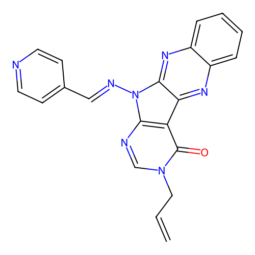 (E)-3-allyl-11-((pyridin-4-ylmethylene)amino)-3H-pyrimido[5',4':4,5]pyrrolo[2,3-b]quinoxalin-4(11H)-one structure