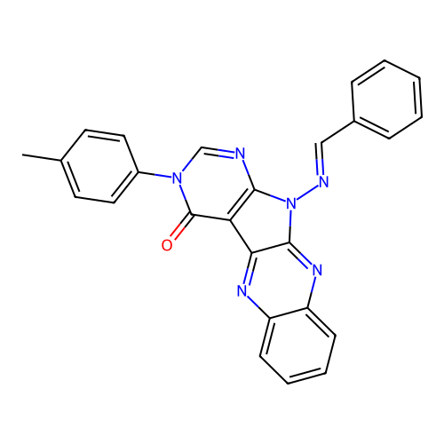 (E)-11-(benzylideneamino)-3-(p-tolyl)-3H-pyrimido[5',4':4,5]pyrrolo[2,3-b]quinoxalin-4(11H)-one structure