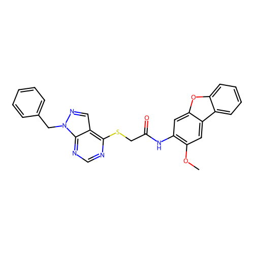 2-(1-benzylpyrazolo[3,4-d]pyrimidin-4-yl)sulfanyl-N-(2-methoxydibenzofuran-3-yl)acetamide structure