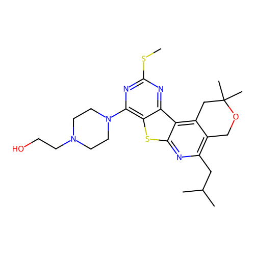 2-(4-(5-isobutyl-2,2-dimethyl-10-(methylthio)-2,4-dihydro-1H-pyrano[4'',3'':4',5']pyrido[3',2':4,5]thieno[3,2-d]pyrimidin-8-yl)piperazin-1-yl)ethanol structure
