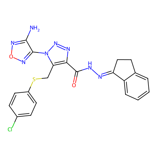 (E)-1-(4-amino-1,2,5-oxadiazol-3-yl)-5-(((4-chlorophenyl)thio)methyl)-N'-(2,3-dihydro-1H-inden-1-ylidene)-1H-1,2,3-triazole-4-carbohydrazide structure