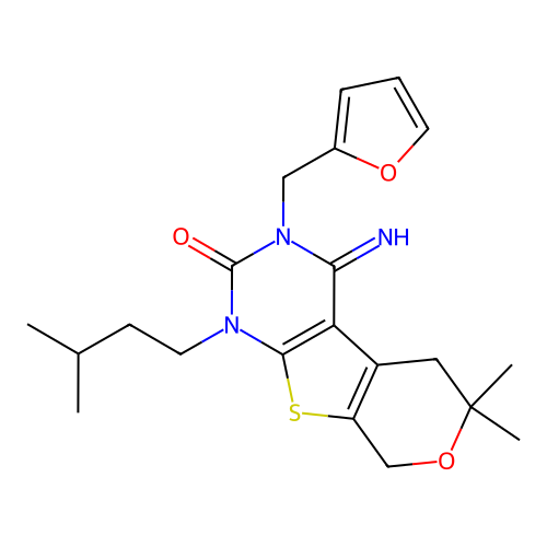 3-(furan-2-ylmethyl)-4-imino-1-isopentyl-6,6-dimethyl-3,4,5,6-tetrahydro-1H-pyrano[4',3':4,5]thieno[2,3-d]pyrimidin-2(8H)-one structure