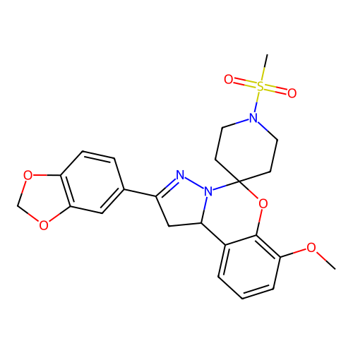 2'-(1,3-benzodioxol-5-yl)-7'-methoxy-1-(methylsulfonyl)-1',10b'-dihydrospiro[piperidine-4,5'-pyrazolo[1,5-c][1,3]benzoxazine] structure
