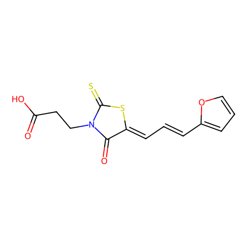 3-[5-((2E)-3-(2-furyl)prop-2-enylidene)-4-oxo-2-thioxo-1,3-thiazolidin-3-yl]pr opanoic acid structure