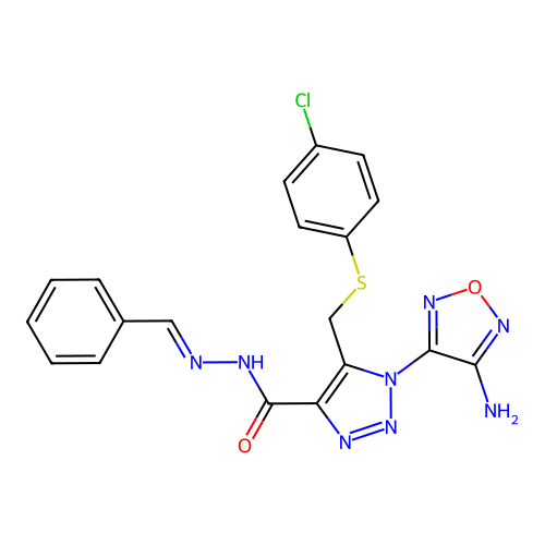 1-(4-Amino-furazan-3-yl)-5-(4-chloro-phenylsulfanylmethyl)-1H-[1,2,3]triazole-4-carboxylic acid [1-phenyl-meth-(E)-ylidene]-hydrazide structure