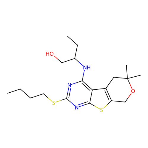 2-((2-(butylthio)-6,6-dimethyl-6,8-dihydro-5H-pyrano[4',3':4,5]thieno[2,3-d]pyrimidin-4-yl)amino)butan-1-ol structure