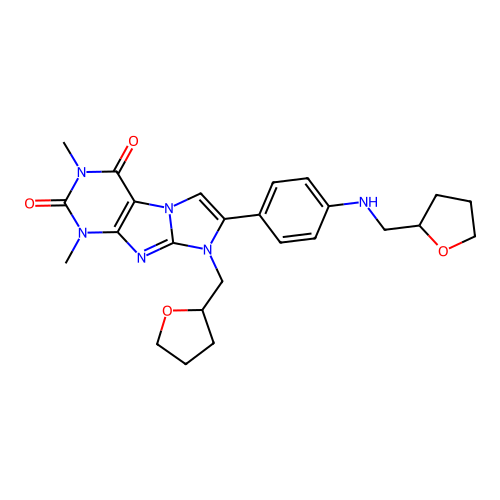 1,3-dimethyl-8-((tetrahydrofuran-2-yl)methyl)-7-(4-(((tetrahydrofuran-2-yl)methyl)amino)phenyl)-1H-imidazo[2,1-f]purine-2,4(3H,8H)-dione structure