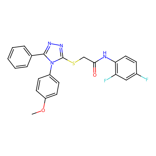 N-(2,4-difluorophenyl)-2-[[4-(4-methoxyphenyl)-5-phenyl-1,2,4-triazol-3-yl]sulfanyl]acetamide structure