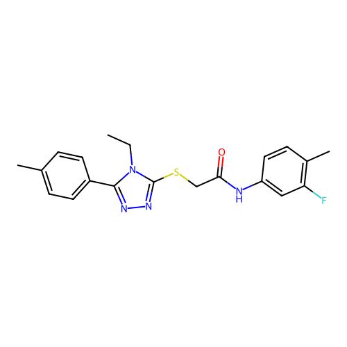 2-((4-ethyl-5-(p-tolyl)-4H-1,2,4-triazol-3-yl)thio)-N-(3-fluoro-4-methylphenyl)acetamide structure