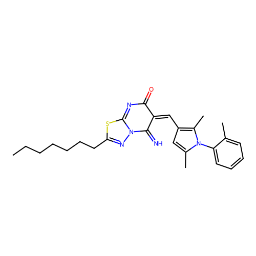 (6E)-6-[[2,5-dimethyl-1-(2-methylphenyl)pyrrol-3-yl]methylidene]-2-heptyl-5-imino-[1,3,4]thiadiazolo[3,2-a]pyrimidin-7-one structure