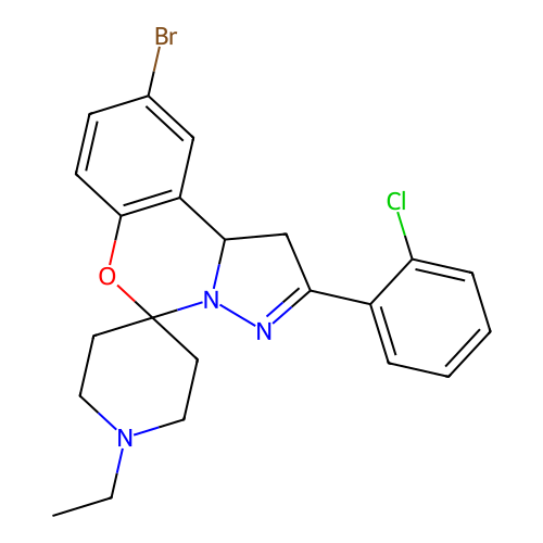 9'-bromo-2'-(2-chlorophenyl)-1-ethyl-1',10b'-dihydrospiro[piperidine-4,5'-pyrazolo[1,5-c][1,3]benzoxazine] structure