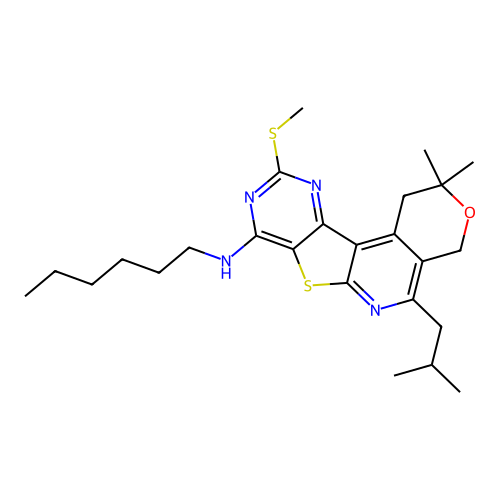N-hexyl-2,2-dimethyl-5-(2-methylpropyl)-10-(methylsulfanyl)-1,4-dihydro-2H-pyrano[4'',3'':4',5']pyrido[3',2':4,5]thieno[3,2-d]pyrimidin-8-amine structure