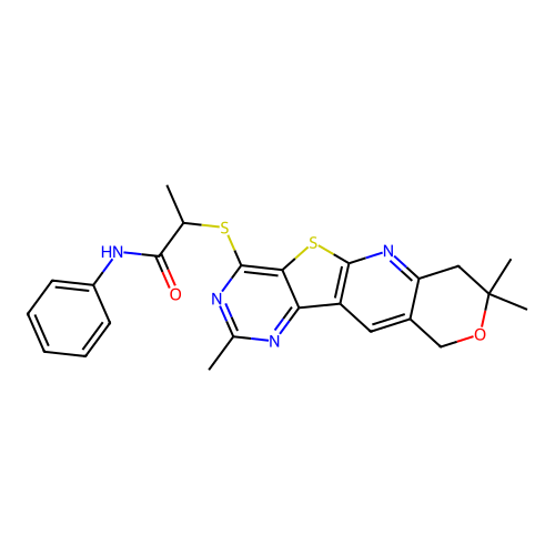 N-phenyl-2-[(2,8,8-trimethyl-7,10-dihydro-8H-pyrano[3'',4'':5',6']pyrido[3',2':4,5]thieno[3,2-d]pyrimidin-4-yl)sulfanyl]propanamide structure