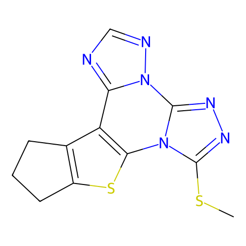 11,12-dihydro-10H-cyclopenta[4,5]thieno[3,2-e]di[1,2,4]triazolo[4,3-a:1,5-c]pyrimidin-7-yl methyl sulfide structure