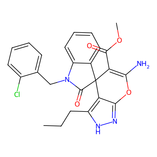 methyl 6'-amino-1-(2-chlorobenzyl)-2-oxo-3'-propyl-1'H-spiro[indoline-3,4'-pyrano[2,3-c]pyrazole]-5'-carboxylate structure