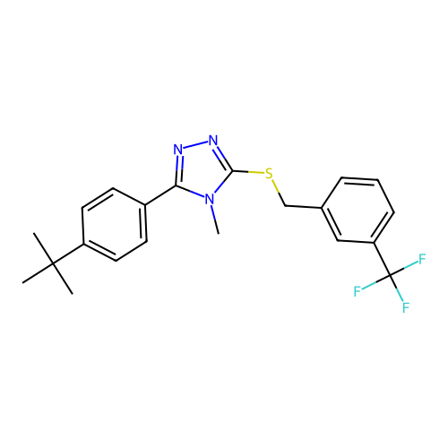 3-(4-(tert-butyl)phenyl)-4-methyl-5-((3-(trifluoromethyl)benzyl)thio)-4H-1,2,4-triazole structure