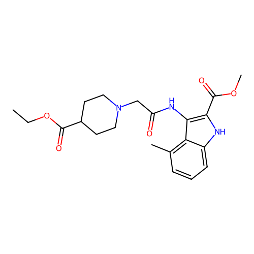 methyl 3-(2-(4-(ethoxycarbonyl)piperidin-1-yl)acetamido)-4-methyl-1H-indole-2-carboxylate structure