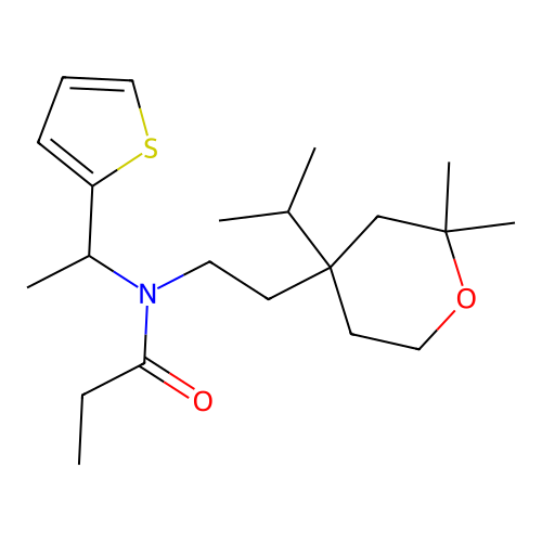N-[2-(2,2-dimethyl-4-propan-2-yloxan-4-yl)ethyl]-N-(1-thiophen-2-ylethyl)propanamide structure