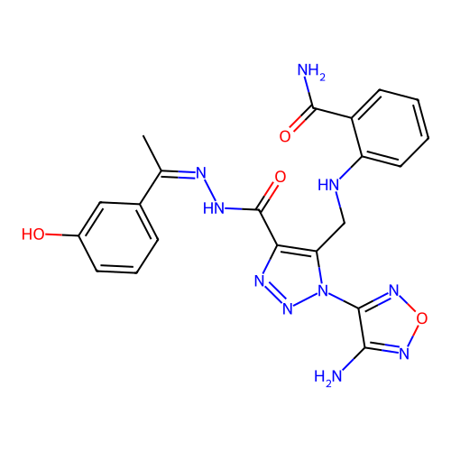 (Z)-2-(((1-(4-amino-1,2,5-oxadiazol-3-yl)-4-(2-(1-(3-hydroxyphenyl)ethylidene)hydrazinecarbonyl)-1H-1,2,3-triazol-5-yl)methyl)amino)benzamide structure