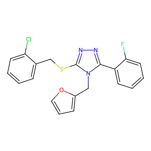 3-((2-chlorobenzyl)thio)-5-(2-fluorophenyl)-4-(furan-2-ylmethyl)-4H-1,2,4-triazole structure