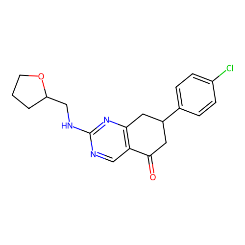 7-(4-chlorophenyl)-2-[(tetrahydrofuran-2-ylmethyl)amino]-7,8-dihydroquinazolin-5(6H)-one structure
