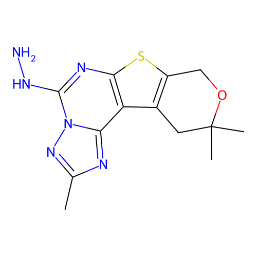 5-hydrazinyl-2,10,10-trimethyl-10,11-dihydro-8H-pyrano[4',3':4,5]thieno[3,2-e][1,2,4]triazolo[1,5-c]pyrimidine structure
