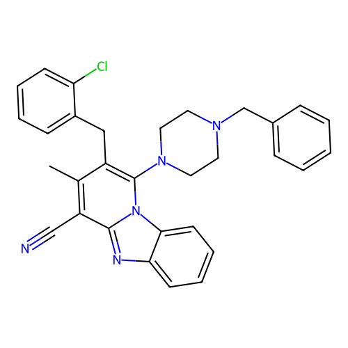 1-(4-benzylpiperazin-1-yl)-2-(2-chlorobenzyl)-3-methylbenzo[4,5]imidazo[1,2-a]pyridine-4-carbonitrile structure