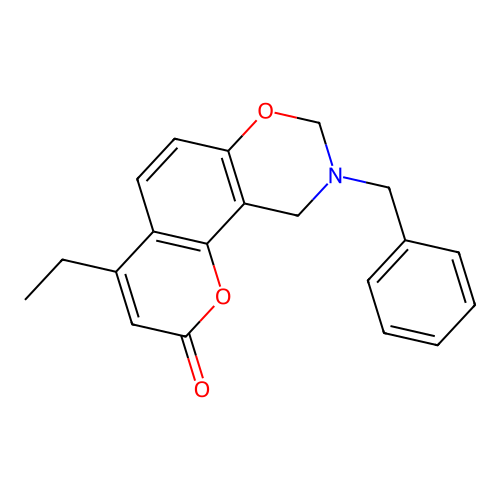 9-benzyl-4-ethyl-9,10-dihydro-2H,8H-chromeno[8,7-e][1,3]oxazin-2-one structure