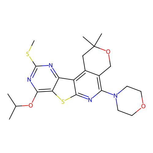 2,2-dimethyl-10-(methylsulfanyl)-5-(morpholin-4-yl)-8-(propan-2-yloxy)-1,4-dihydro-2H-pyrano[4'',3'':4',5']pyrido[3',2':4,5]thieno[3,2-d]pyrimidine structure