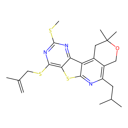 2,2-dimethyl-8-[(2-methylprop-2-en-1-yl)sulfanyl]-5-(2-methylpropyl)-10-(methylsulfanyl)-1,4-dihydro-2H-pyrano[4'',3'':4',5']pyrido[3',2':4,5]thieno[3,2-d]pyrimidine structure