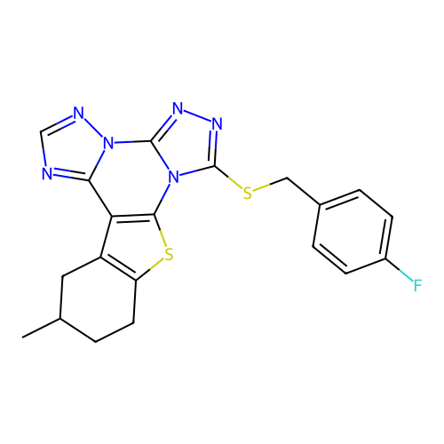 7-[(4-fluorobenzyl)sulfanyl]-12-methyl-10,11,12,13-tetrahydro[1]benzothieno[3,2-e]bis[1,2,4]triazolo[4,3-a:1',5'-c]pyrimidine structure